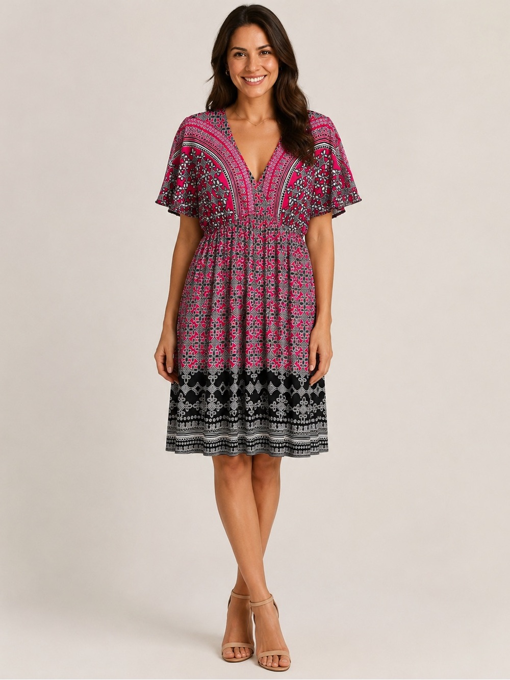 London Times Pink Black & White Geometric Print Dress Size 6